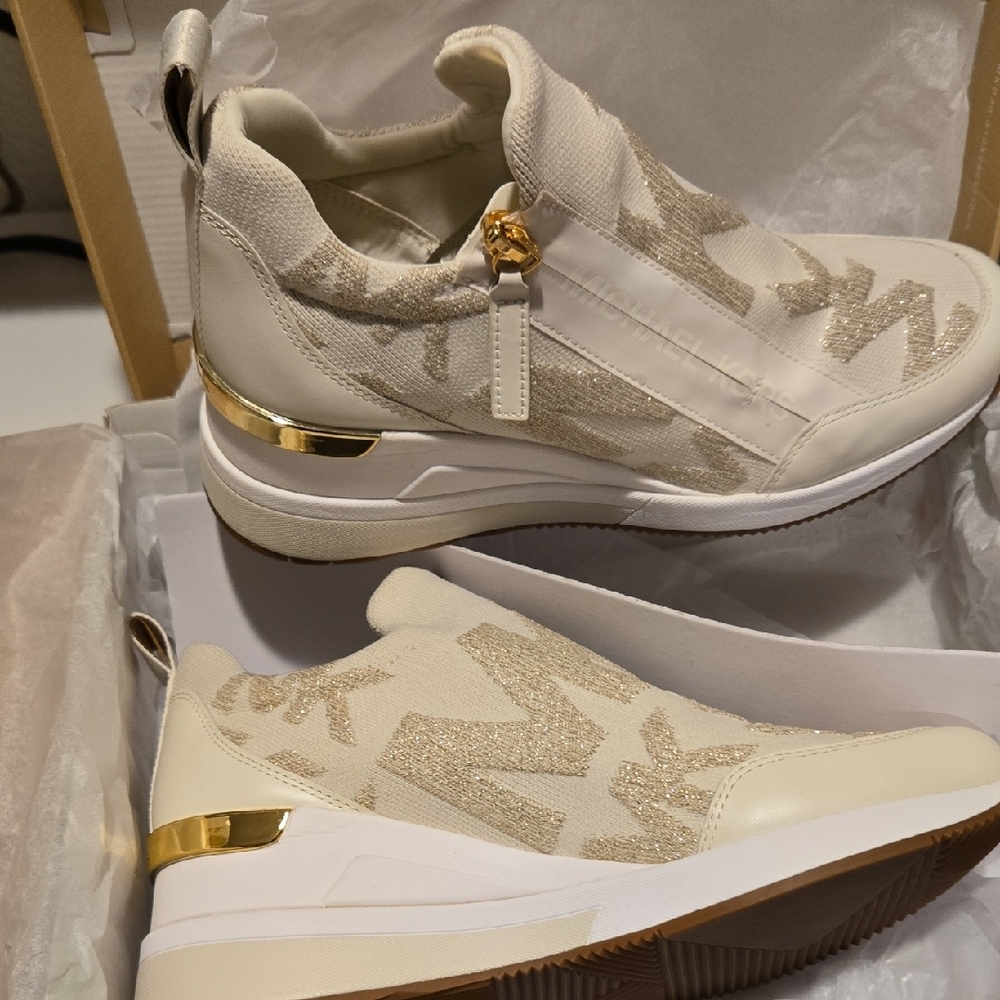 NEW Michael Kors Cream and Gold Wedge Slip-On Sneakers - Picture 5 of 8